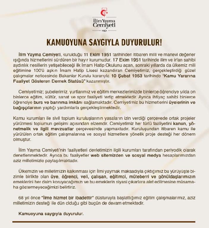 Kamuoyuna Saygıyla Duyurulur!